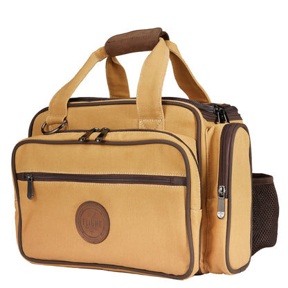 Front view of the Flight Outfitters Bush Pilot Flight Bag, showcasing its rugged canvas and leather accents.