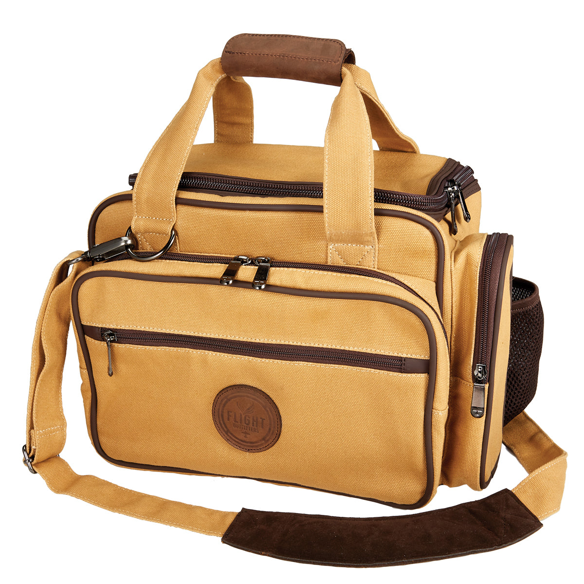 Front view of the Flight Outfitters Bush Pilot Flight Bag, showcasing its rugged canvas and leather accents.