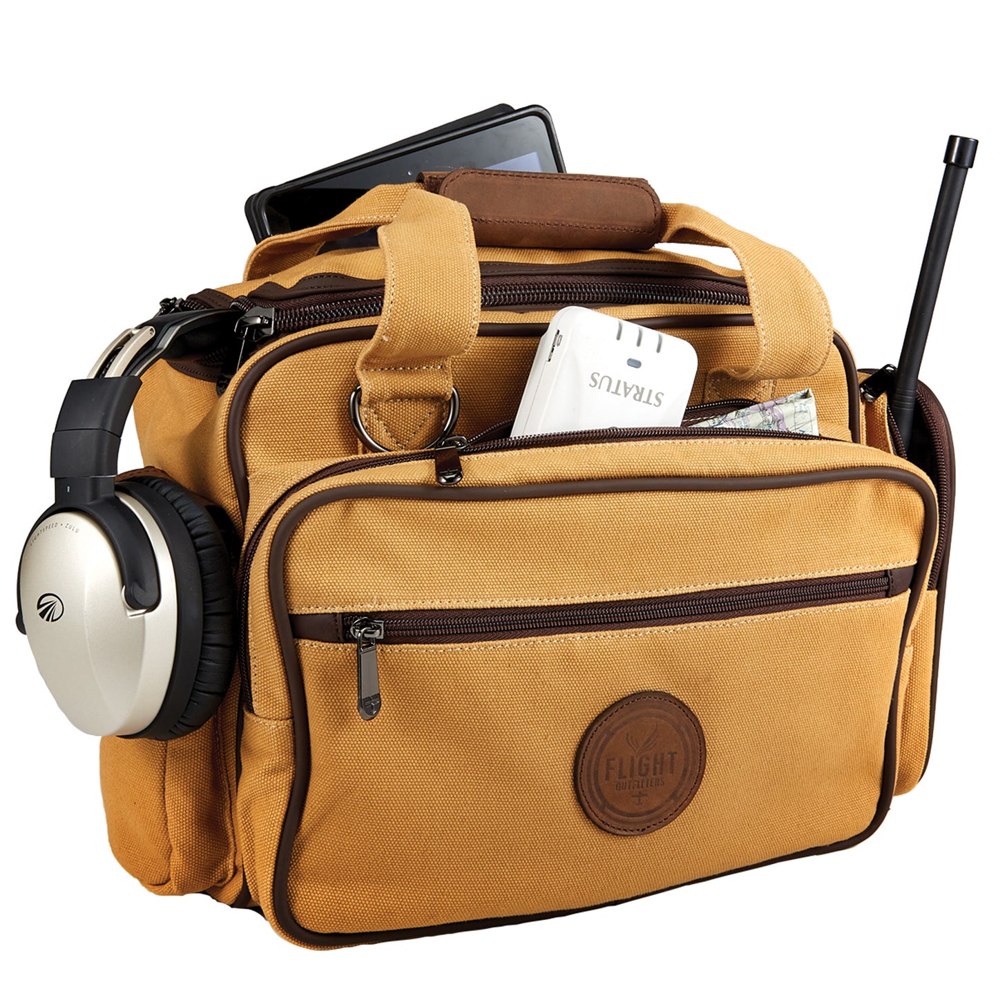 Flight Outfitters Bush Pilot Flight Bag open, demonstrating customizable storage for headsets, cockpit mounts, and cameras, with multiple external pockets for frequently used gear.