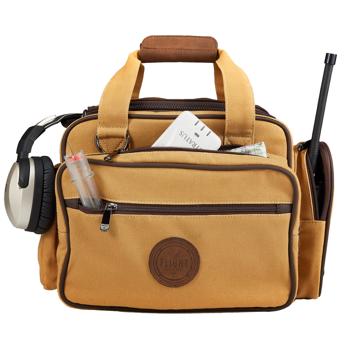 Flight Outfitters Bush Pilot Flight Bag open, demonstrating customizable storage for headsets, cockpit mounts, and cameras, with multiple external pockets for frequently used gear.