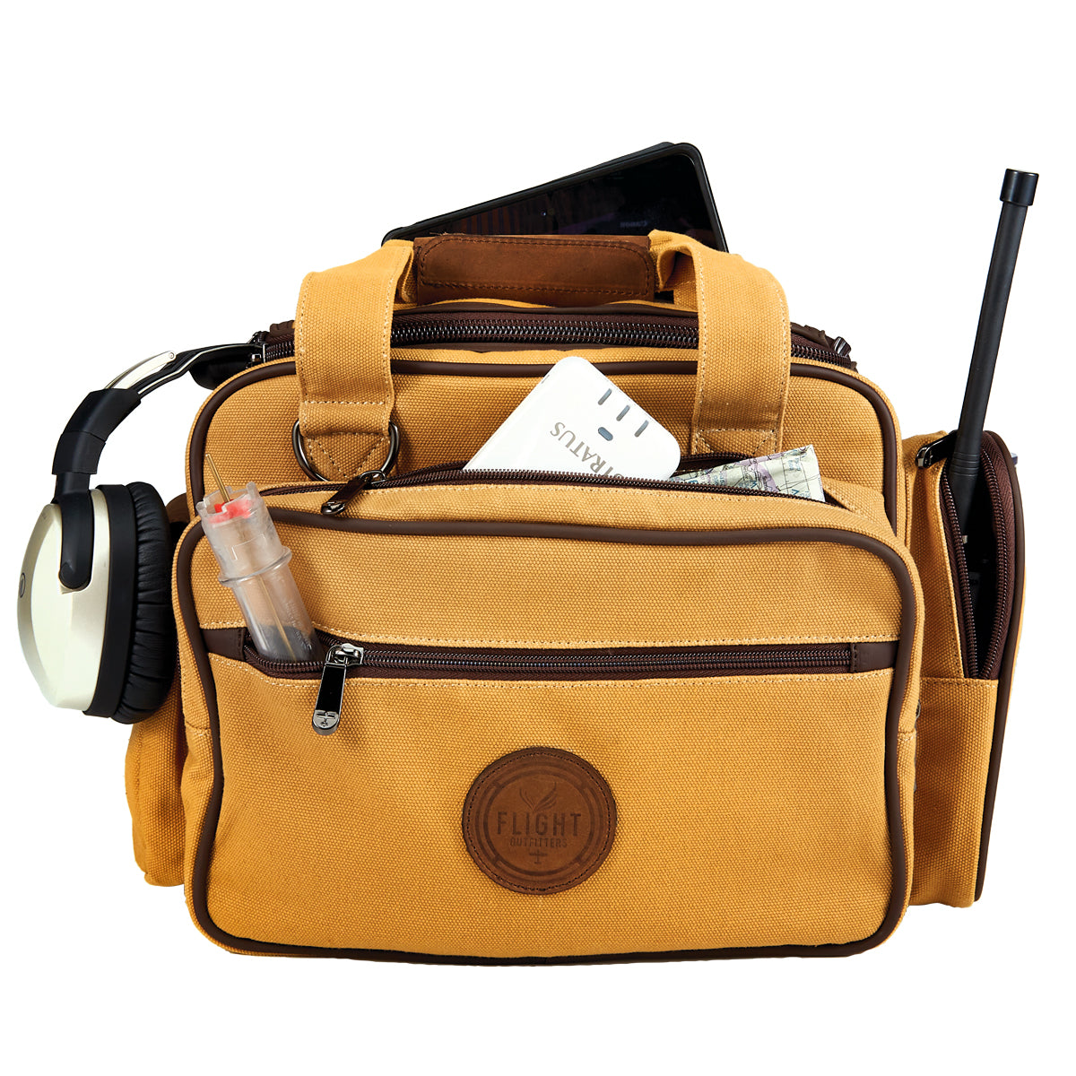 Flight Outfitters Bush Pilot Flight Bag open, demonstrating customizable storage for headsets, cockpit mounts, and cameras, with multiple external pockets for frequently used gear.