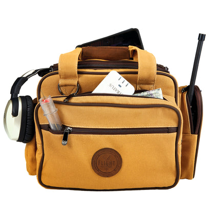 Flight Outfitters Bush Pilot Flight Bag open, demonstrating customizable storage for headsets, cockpit mounts, and cameras, with multiple external pockets for frequently used gear.