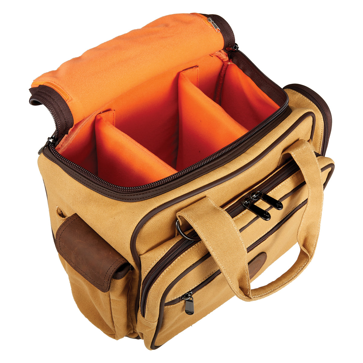 Flight Outfitters Bush Pilot Flight Bag opened to reveal the high-visibility orange interior.