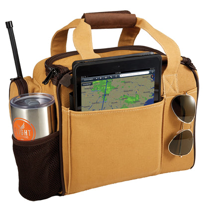 Back view of the Flight Outfitters Bush Pilot Flight Bag, featuring the sunglasses slot, iPad pocket, radio pocket, and water bottle holder.