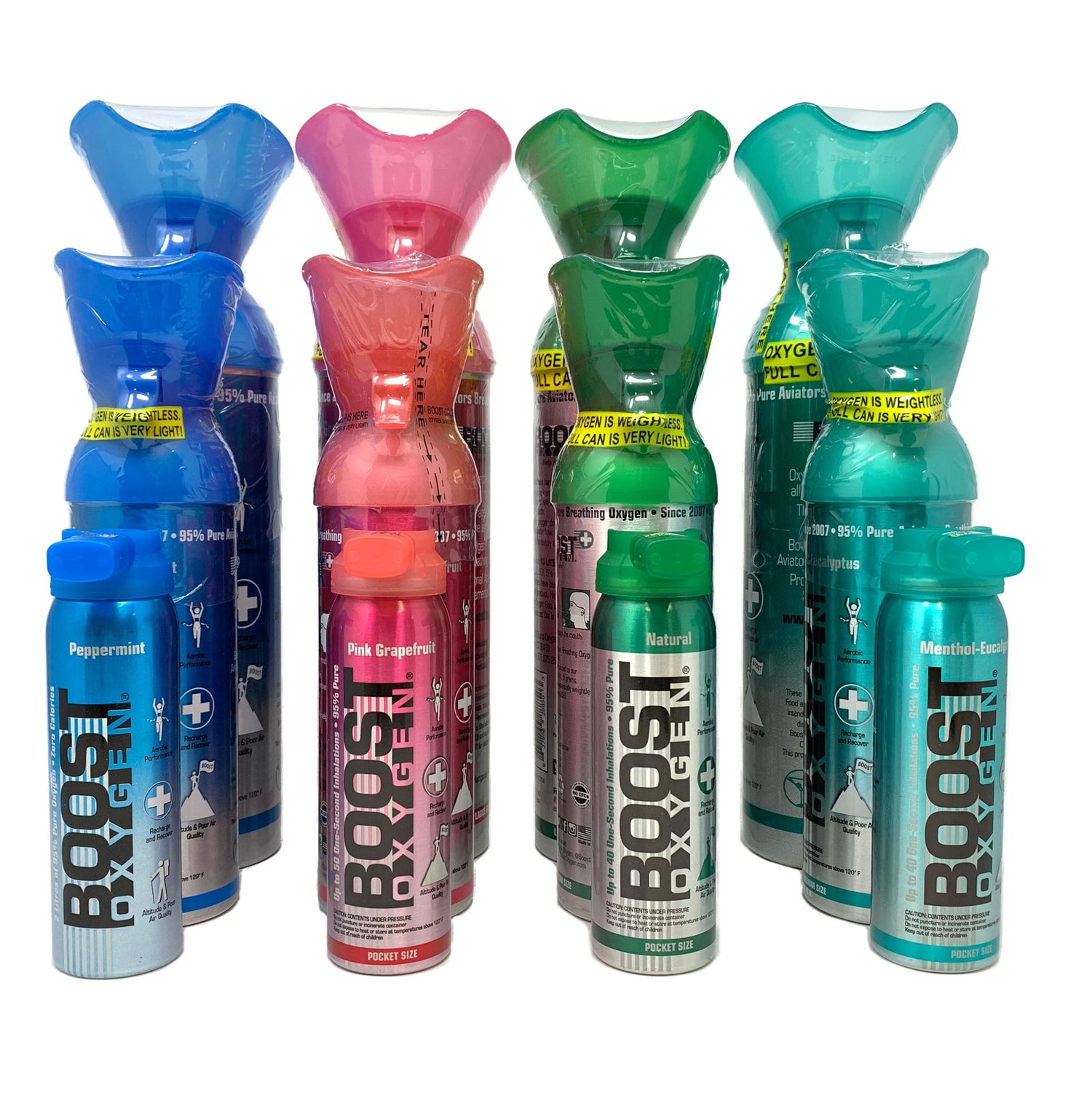 Boost Portable Recreational Oxygen – Group Display of All Flavors and Sizes from Largest 10L Cans in Back to Smallest 3L Cans in Front