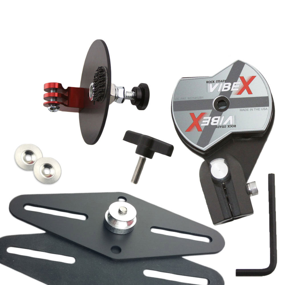 Rock Steady VibeX Ball Mount kit for GoPro and Garmin with vibration dampening discs, mounting plates, GoPro-style connector, and fasteners laid out on white background