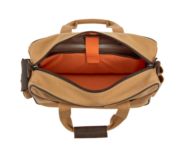  Internal view of the bag showing the padded, separated laptop pocket for device protection.