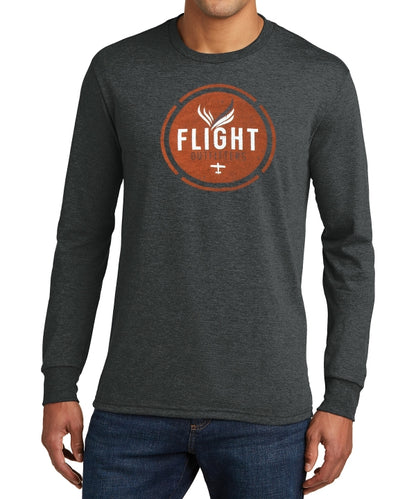 Close-up view of a man wearing the Flight Outfitters Retro Logo Long Sleeve T-Shirt, highlighting the comfortable fit and vintage logo.