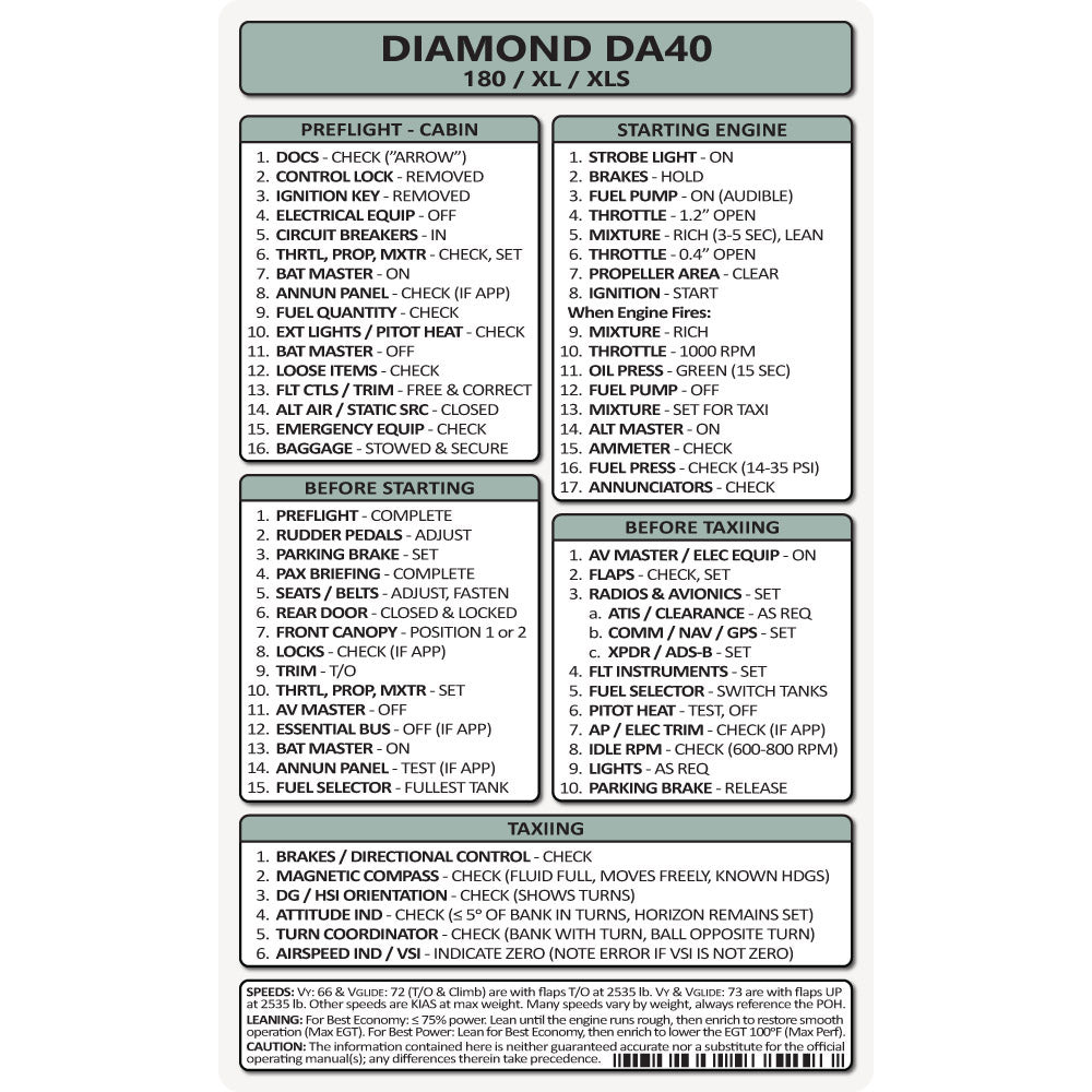 Pocket Checklist, Diamond Da40 180 / Xl / Xls