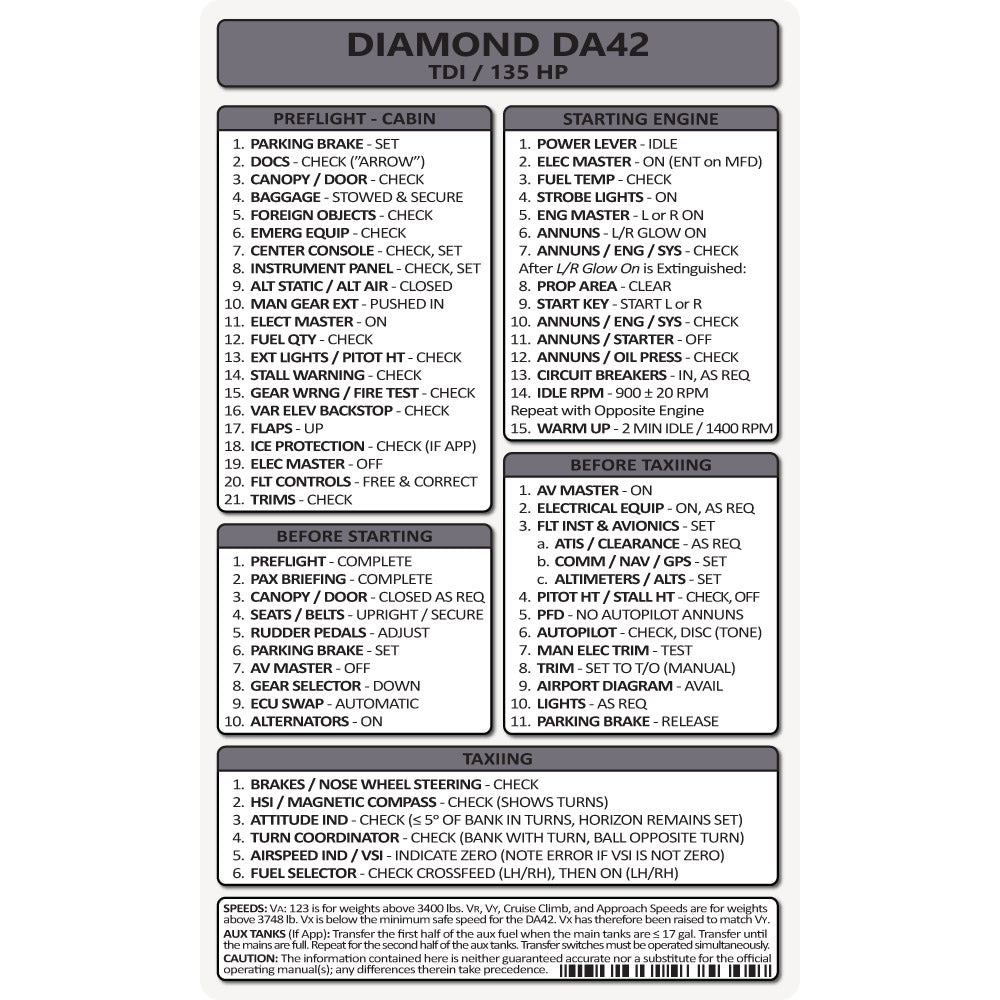 Pocket Checklist, Diamond Da42 Tdi