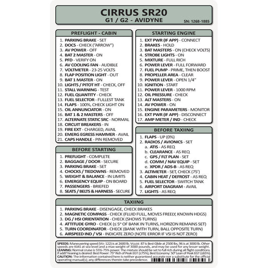 Pocket Checklist, Cirrus SR20 G1/G2 - Avidyne Avionics