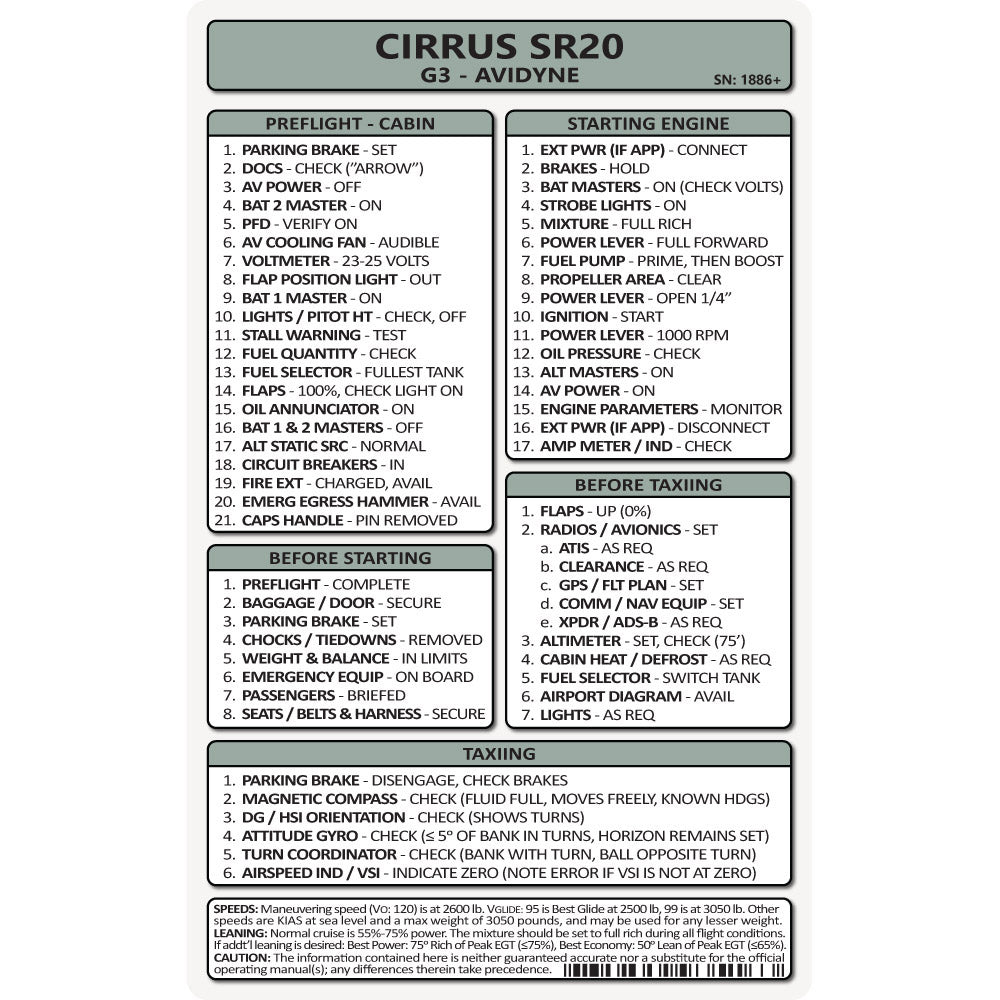 Pocket Checklist, Cirrus SR20 G3 Avidyne