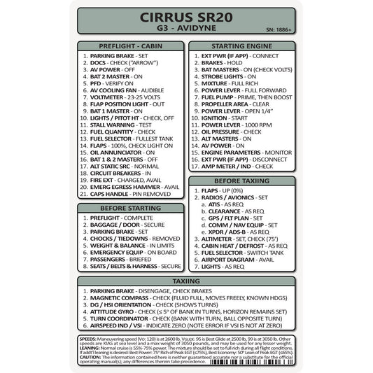 Pocket Checklist, Cirrus SR20 G3 Avidyne