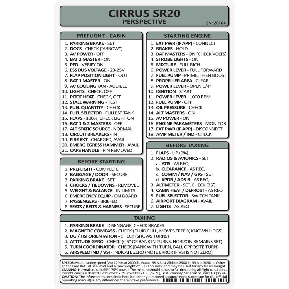 Pocket Checklist, Cirrus SR20 Perspective