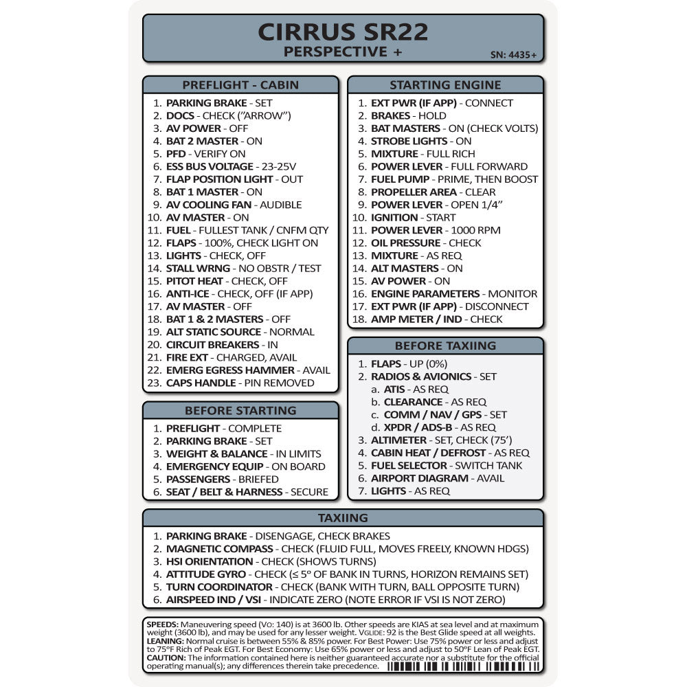 Pocket Checklist, Cirrus SR22 Perspective +
