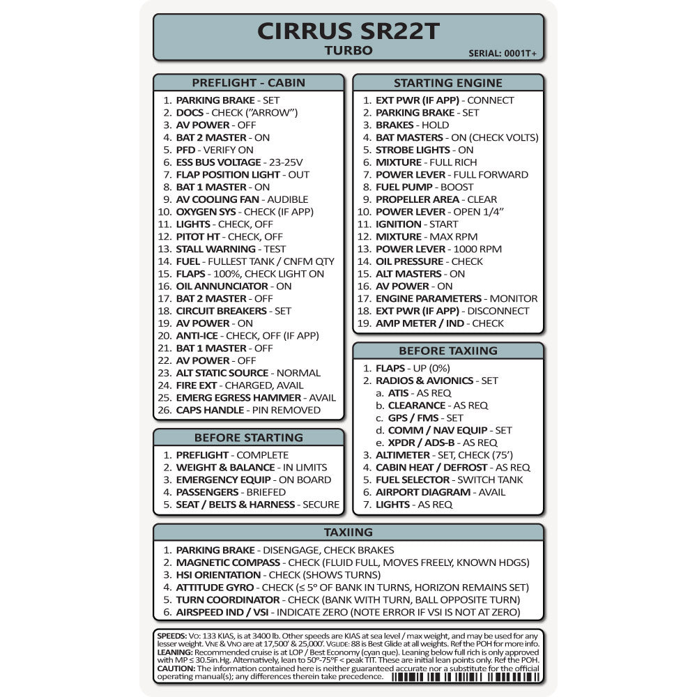 Pocket Checklist, Cirrus SR22T