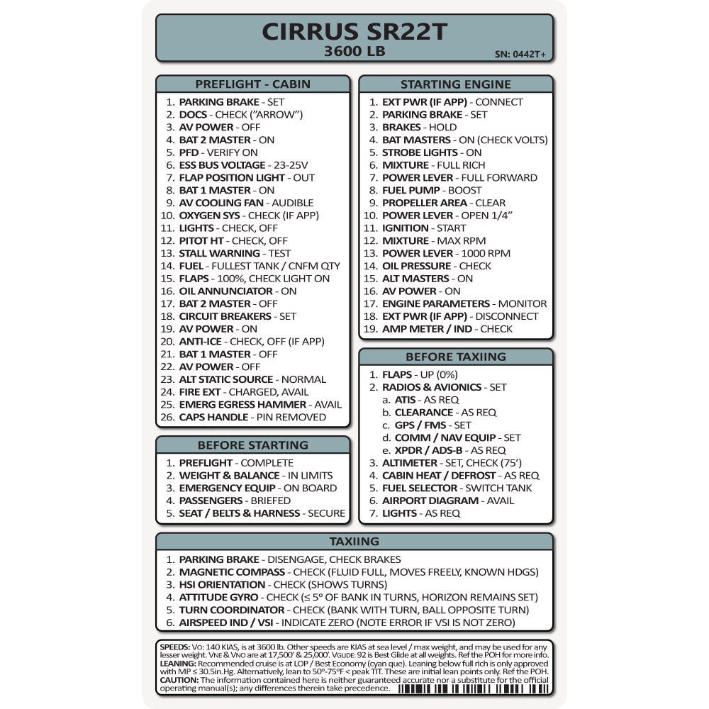 Pocket Checklist, Cirrus SR22T (3600Lb Weight Mod)
