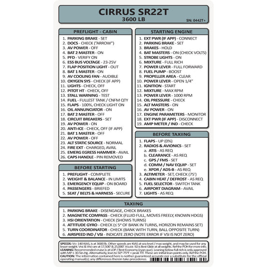 Pocket Checklist, Cirrus SR22T (3600Lb Weight Mod)