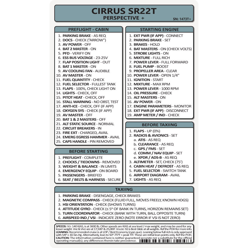 Pocket Checklist, Cirrus SR22T Perspective +