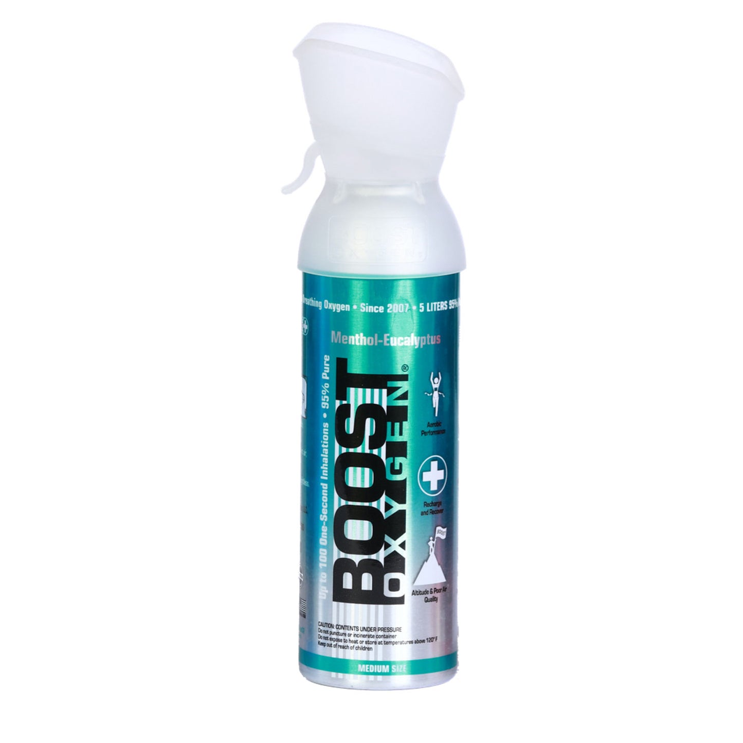Boost Portable Recreational Oxygen – Menthol-Eucalyptus 5 Liter Can Teal Green and Silver Manufacturer Photo