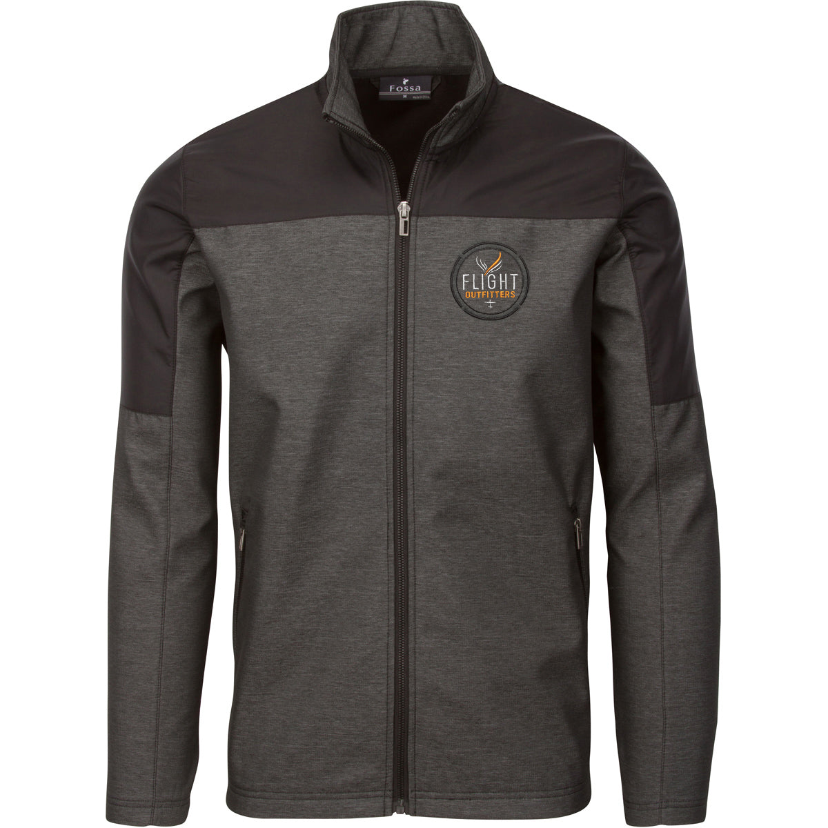 Flight Outfitters Men's Kodiak Jacket front view – dark gray heather fabric with black shoulders, full-zip, zippered pockets, embroidered logo