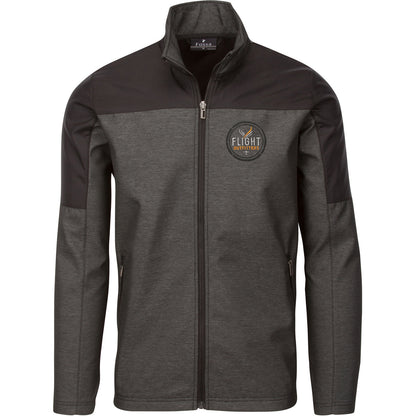 Flight Outfitters Men's Kodiak Jacket front view – dark gray heather fabric with black shoulders, full-zip, zippered pockets, embroidered logo