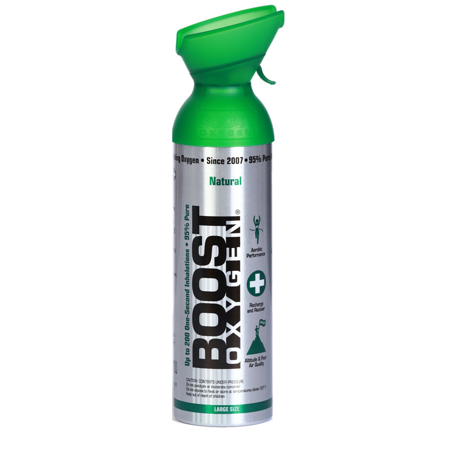 Boost Portable Recreational Oxygen – Natural 10 Liter Can Silver with Green Lid and Accents Manufacturer Photo