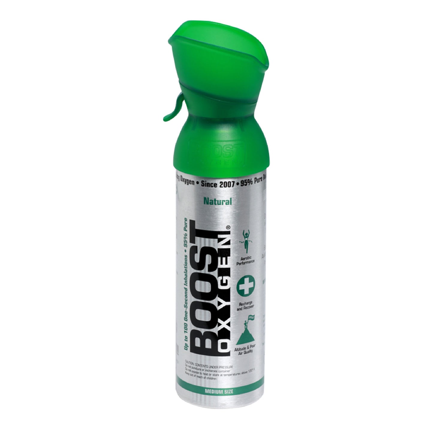 Boost Portable Recreational Oxygen – Natural 5 Liter Can Silver with Green Lid and Accents Manufacturer Photo