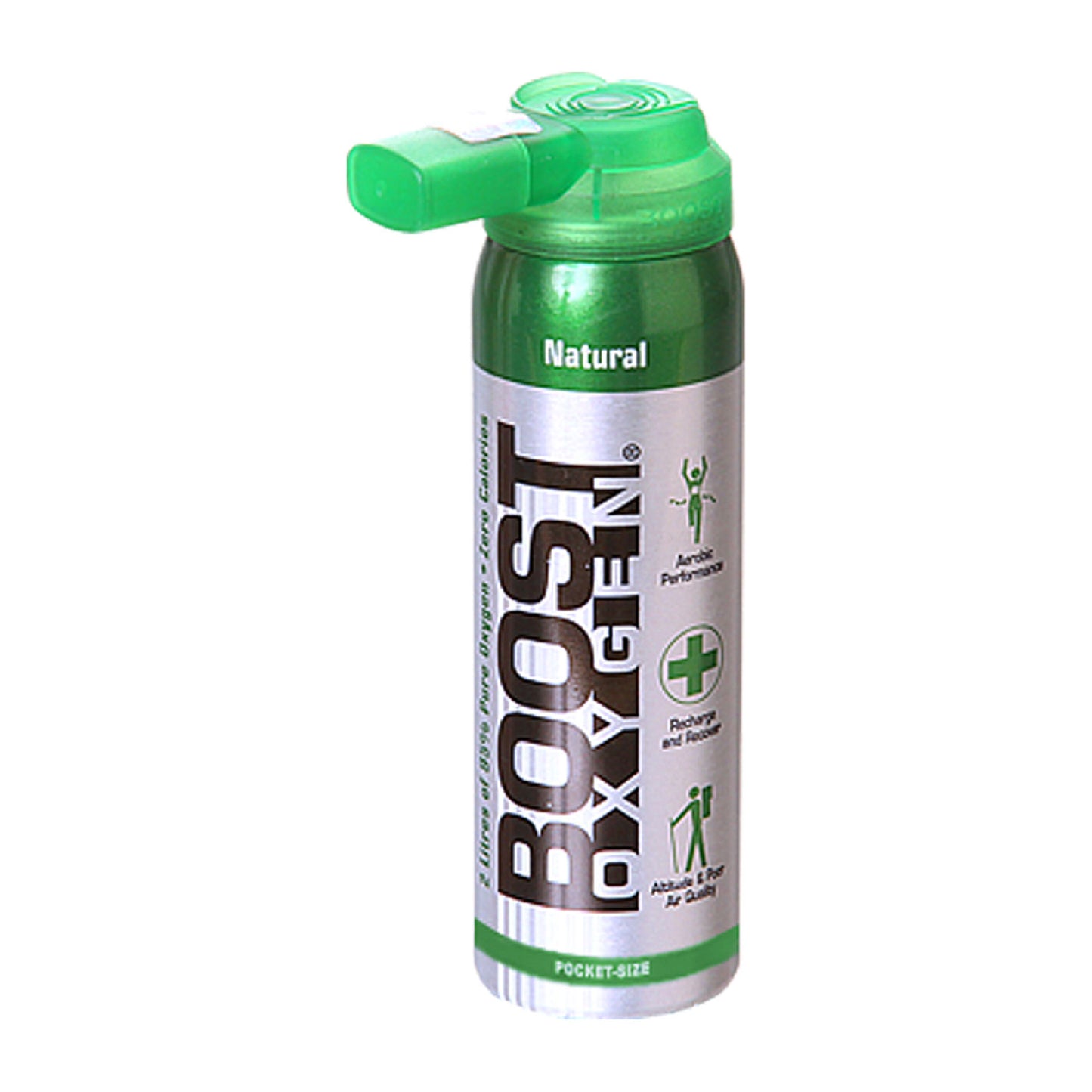 Boost Portable Recreational Oxygen – Natural 3 Liter Can Silver with Green Lid and Accents Manufacturer Photo