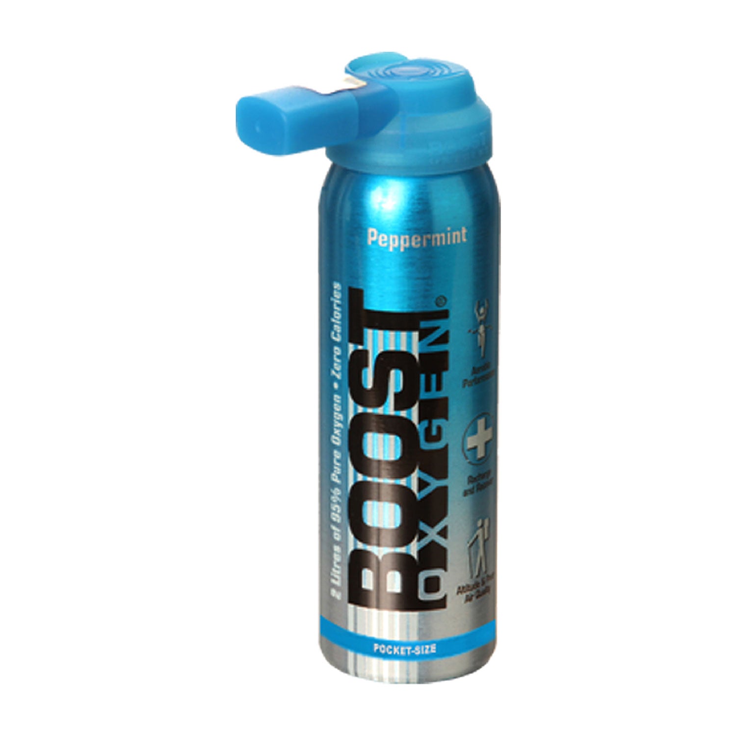 Boost Portable Recreational Oxygen – Peppermint 3 Liter Can Blue and Silver Manufacturer Photo