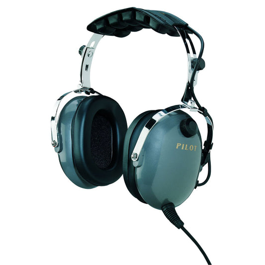 Pilot USA PA-1100 and PA-1100S Listen-Only Aviation Passenger Headsets, Angled View with Gray Earpieces and Head Pad