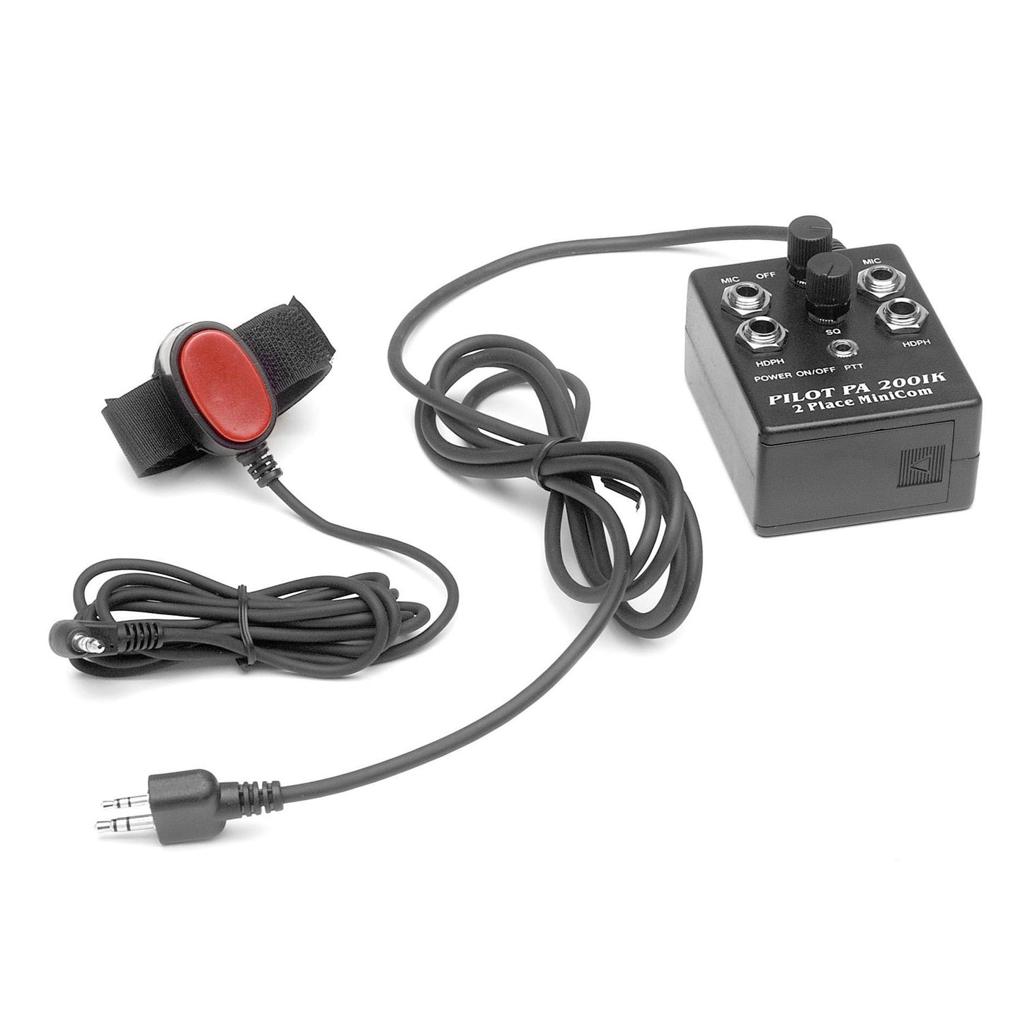 Pilot USA PA-200IC 2-Place Intercom – Red Pilot Control Button on Left, Portable Transceiver on Right, Cord Resting in Middle