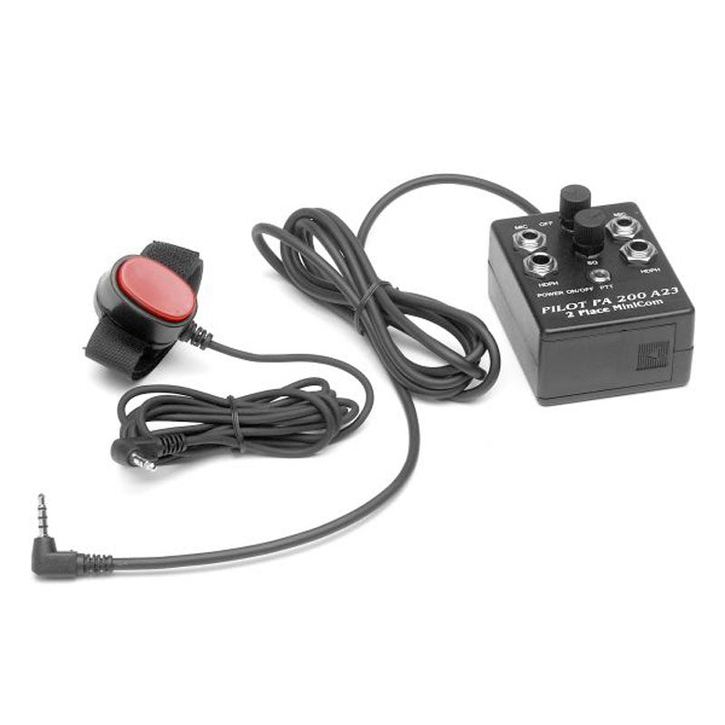 Pilot USA 2 Place Intercom for Transceiver PA-200T/A23 – Control Unit with Red Button on Left and AUX Input on Right Connected by Cord