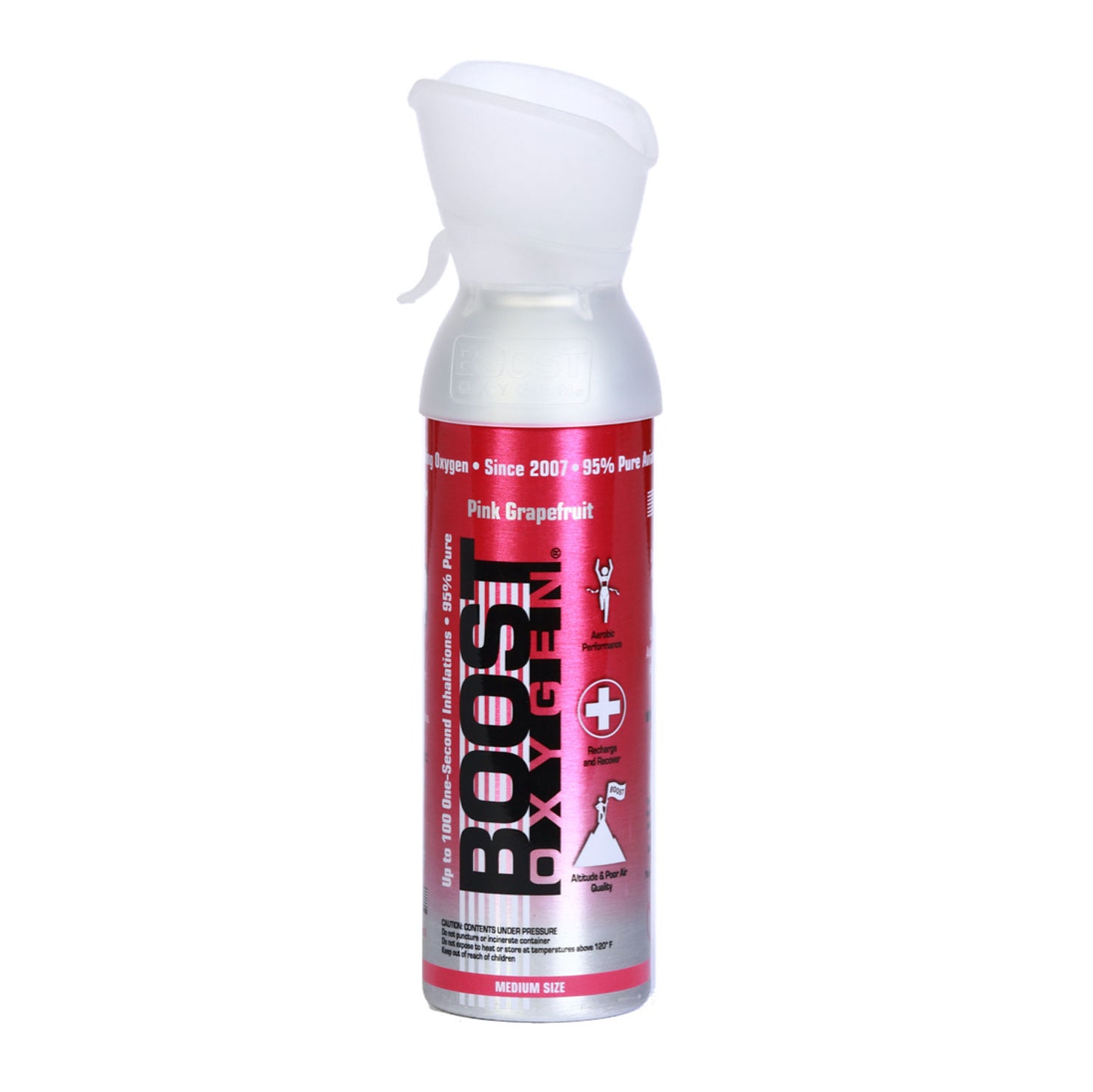 Boost Portable Recreational Oxygen – Pink Grapefruit 5 Liter Can Pink and Silver Manufacturer Photo