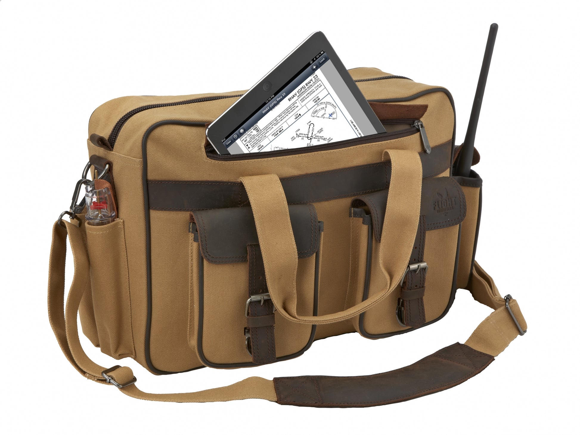 Front pocket of the Flight Outfitters Bush Pilot Folio Bag holding an iPad, emphasizing its dedicated tablet storage.