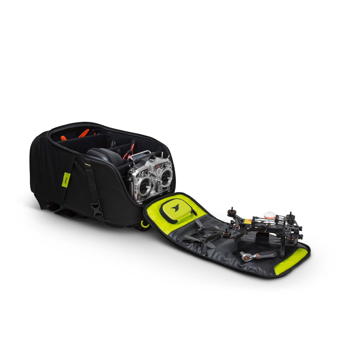 Torvol Quad PITSTOP Backpack – Open View with Model Drone Parts Inside and on Side Panel