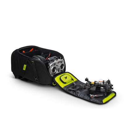 Torvol Quad PITSTOP Backpack – Open View with Model Drone Parts Inside and on Side Panel