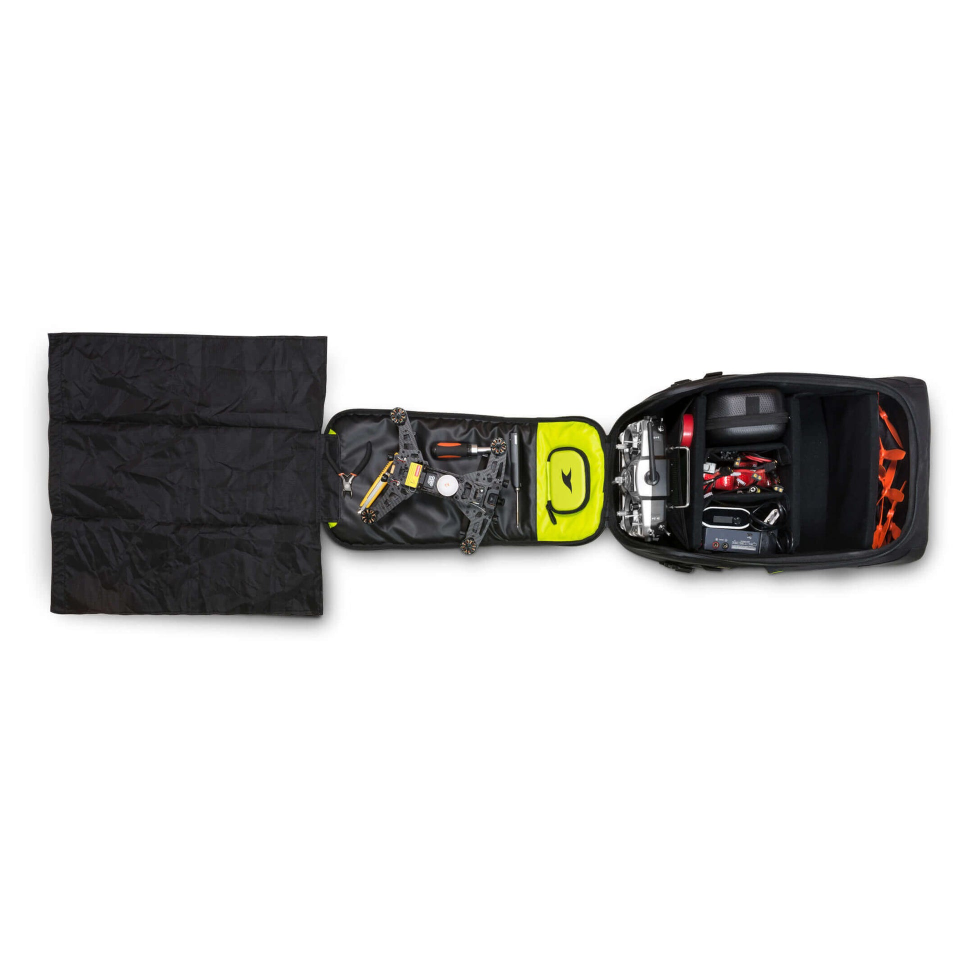 Torvol Quad PITSTOP Backpack – Top View of Open Bag Displaying Model Drone Parts