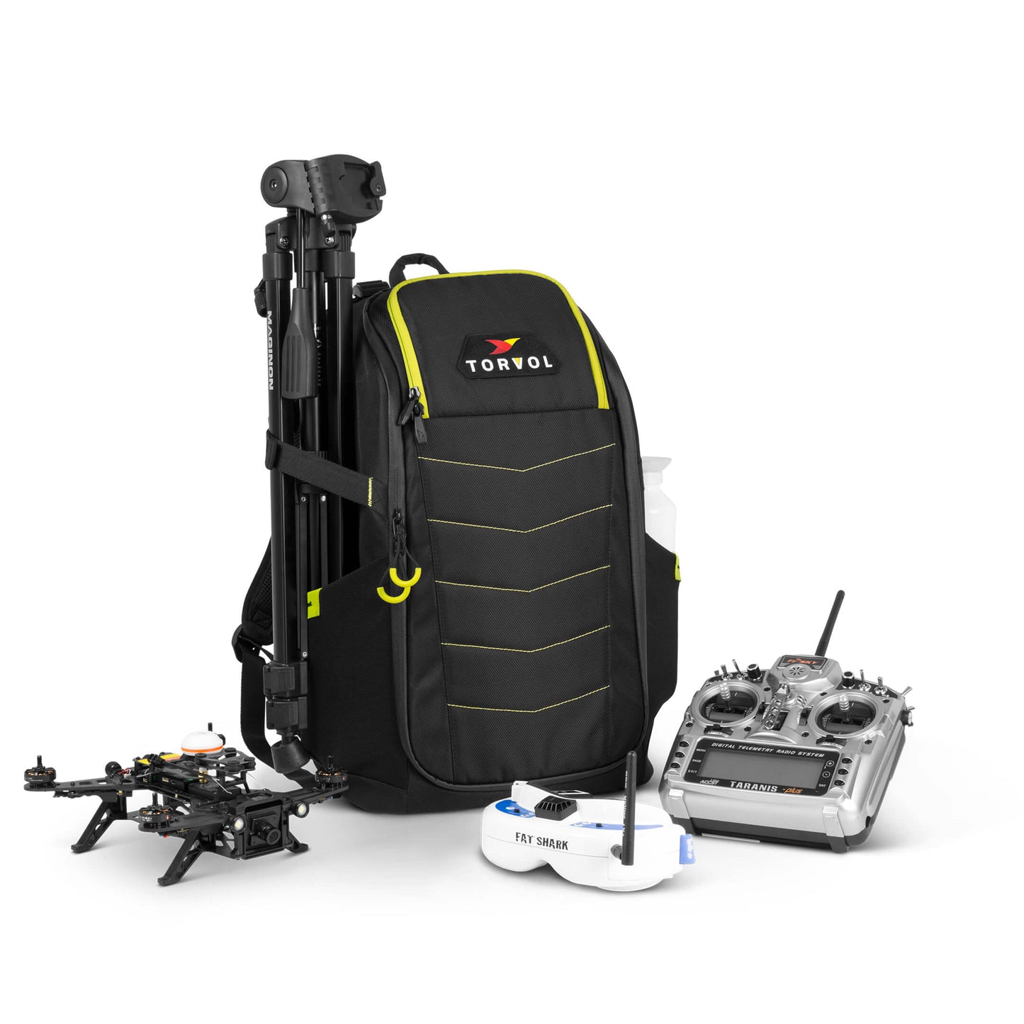 Torvol Quad PITSTOP Backpack – Staged View with Tripod, Remote, Goggles, and Model Drone Attached