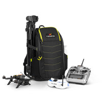Torvol Quad PITSTOP Backpack – Staged View with Tripod, Remote, Goggles, and Model Drone Attached