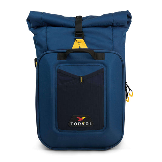 Torvol Drone Adventure Backpack – Blue with Embroidered Logo, Roll Top, Front Handle, Front Pocket, and Zippers Visible"