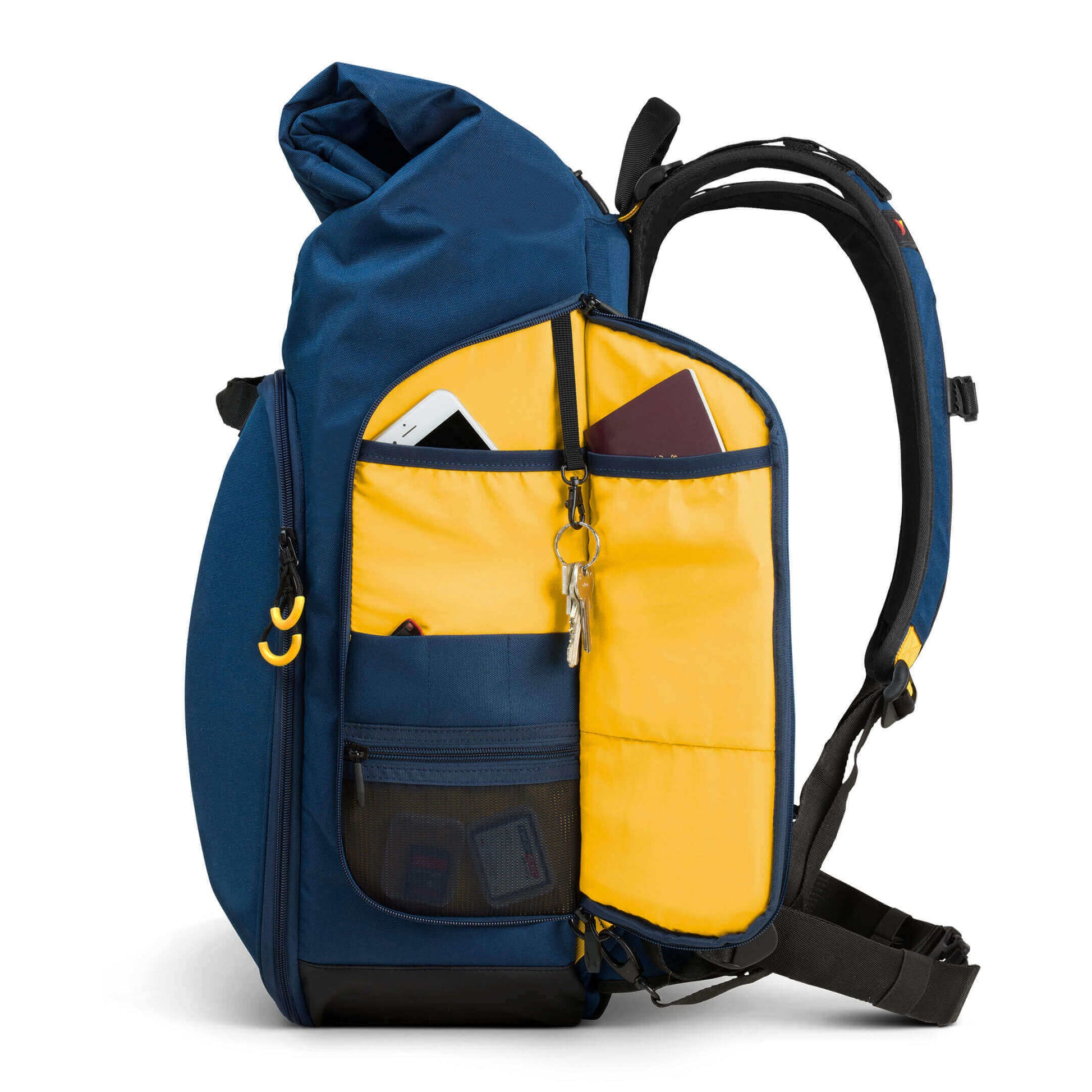 Left Side View of Torvol Drone Adventure Backpack with Side Pocket Open Showing Yellow Interior and Compartments