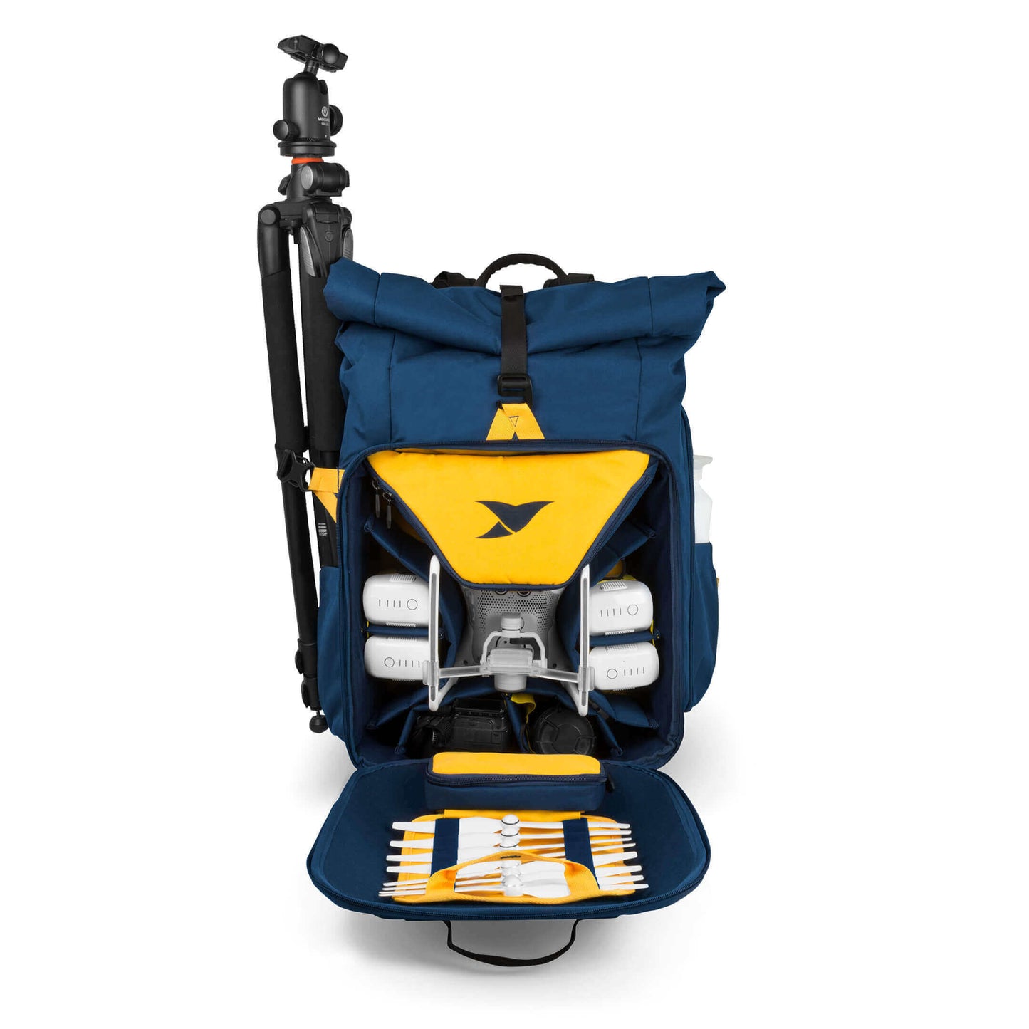 Staged Front View of Torvol Drone Adventure Backpack with Front Pocket Open Displaying Model Parts and Tripod Attached