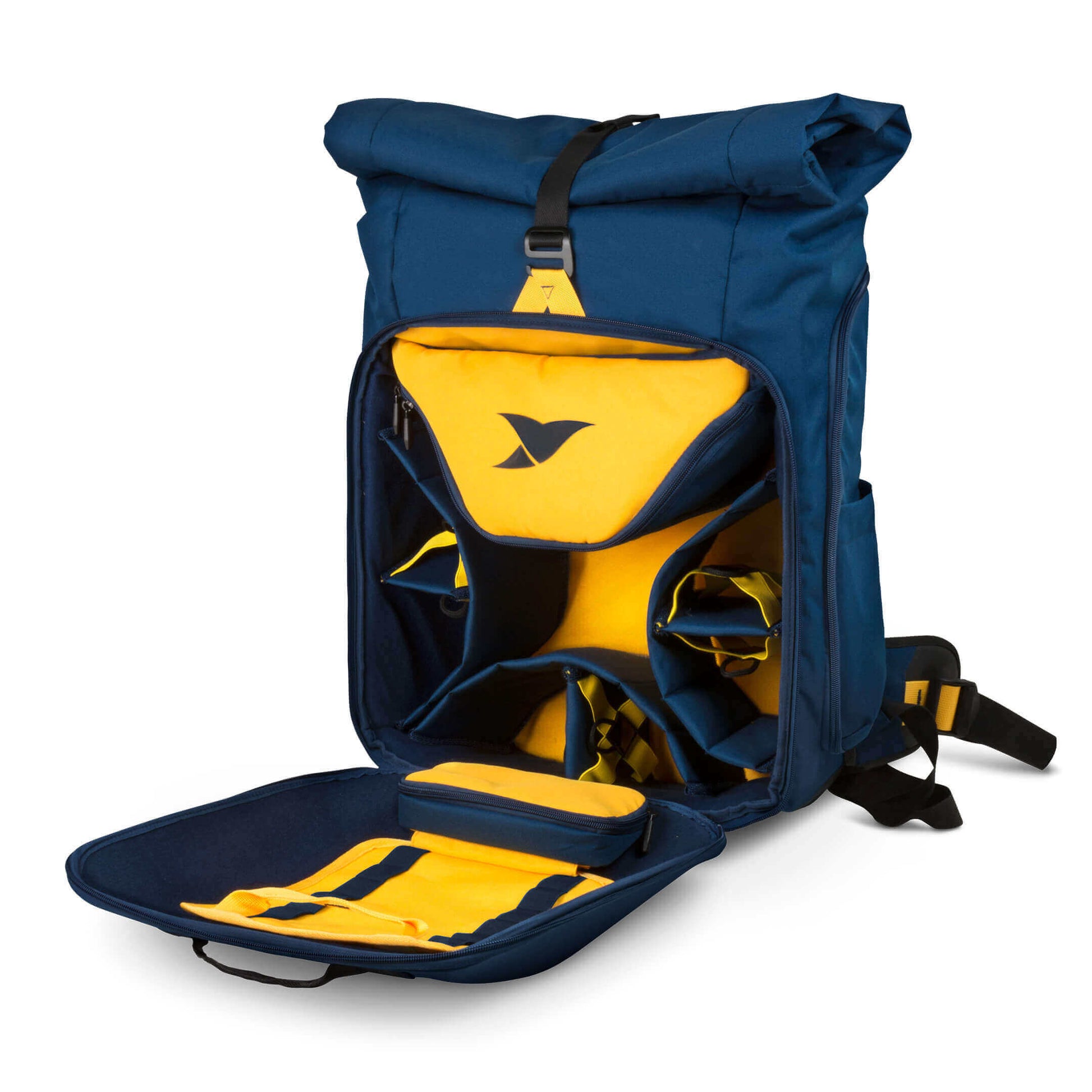 Angled Left Front View of Torvol Drone Adventure Backpack with Front Pocket Open Showing Empty Compartments