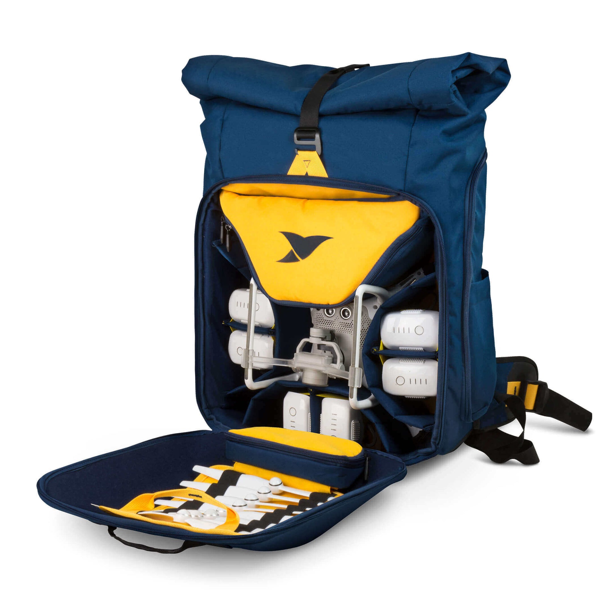 Staged Angled Left Front View of Blue and Yellow Torvol Drone Adventure Backpack with Front Pocket Open Showing Contents