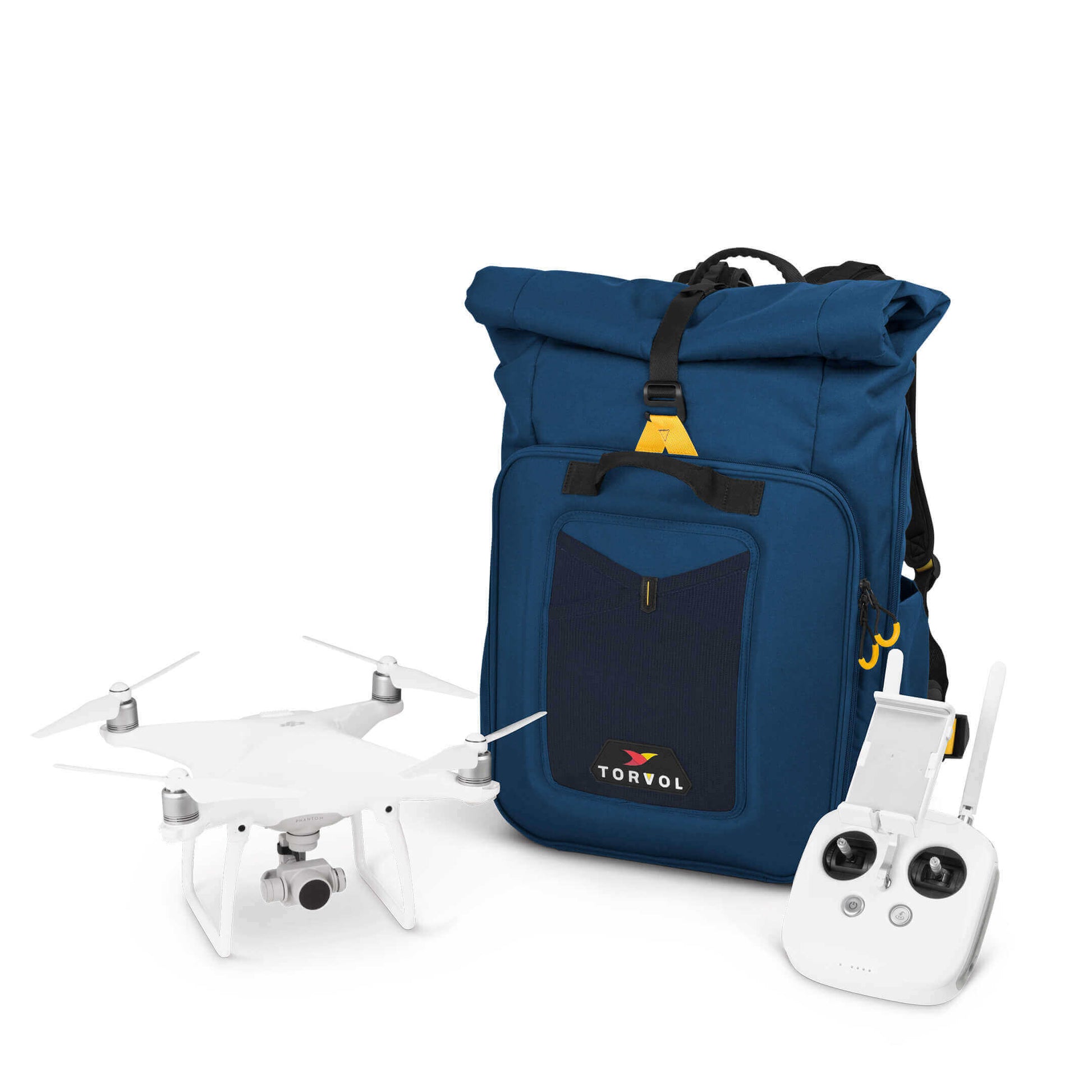 Staged Angled Left View of Blue and Yellow Torvol Drone Adventure Backpack Placed with White Drone and Matching Remote