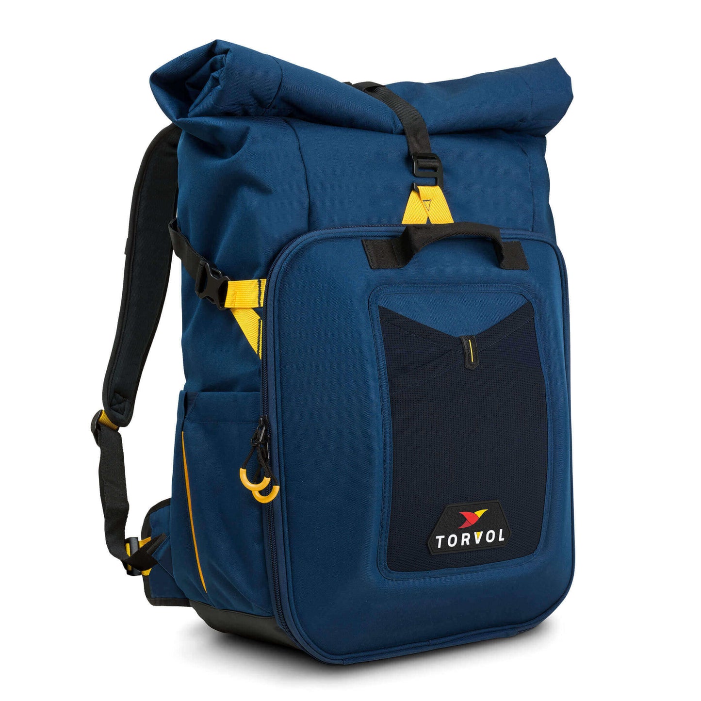 Angled Right View of Blue and Yellow Torvol Drone Adventure Backpacks