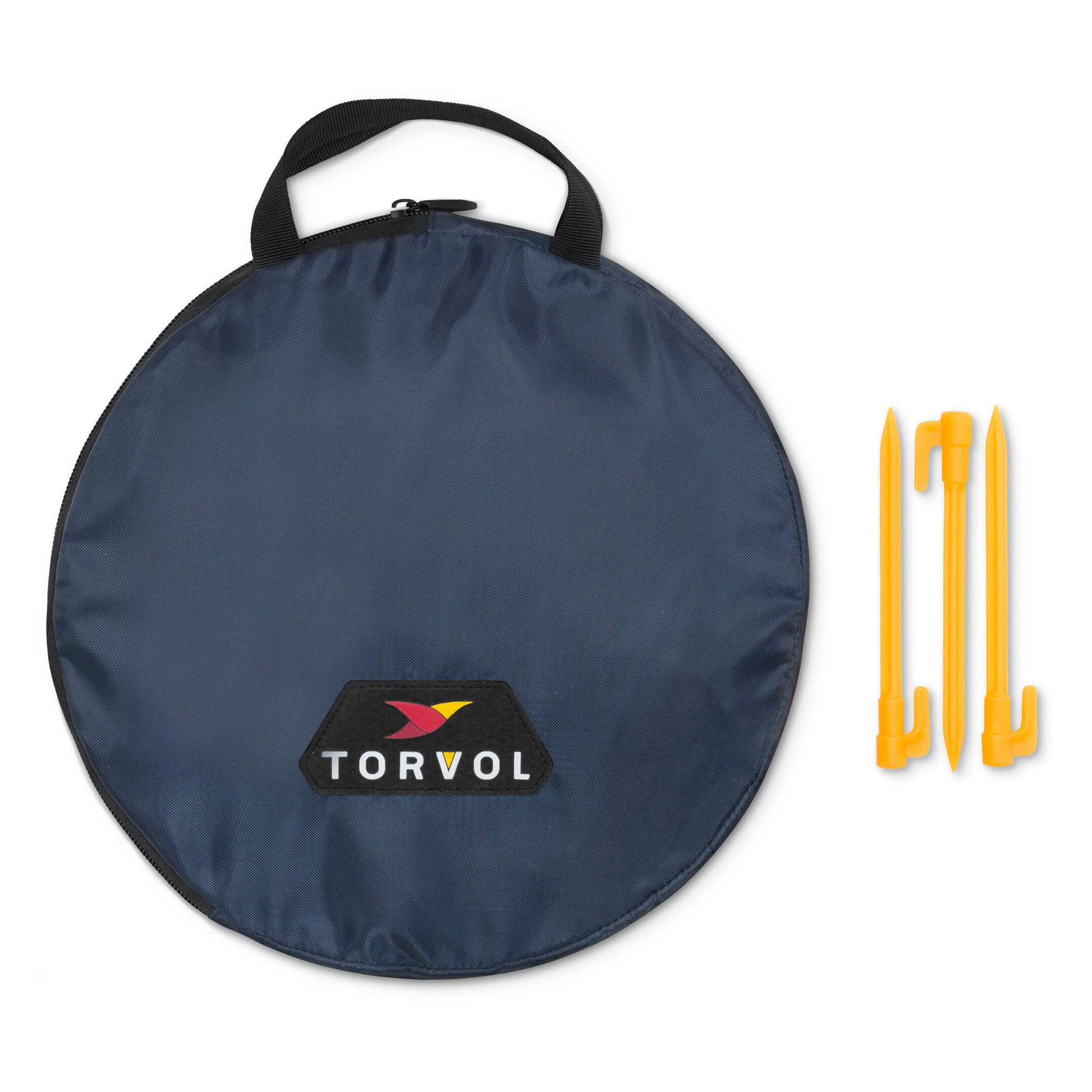 Torvol Drone Landing Pad – Blue Circular Carry Case with Black Handle, Embroidered Torvol Patch, and Three Orange-Yellow Ground Stakes