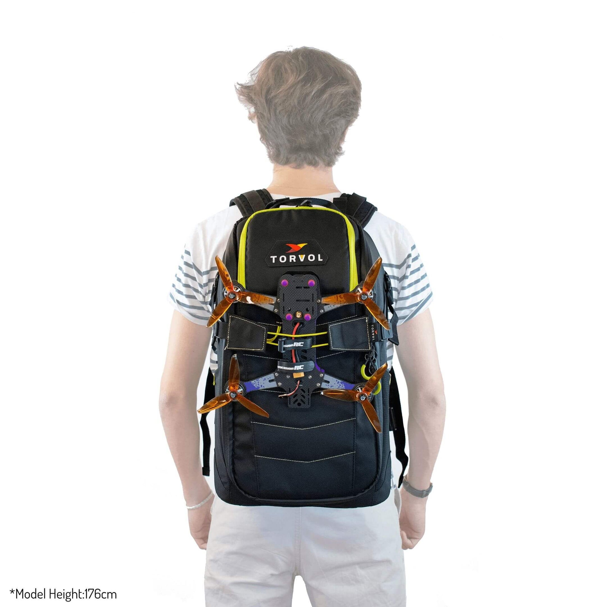 Torvol Quad Strap – Attached to Backpack Holding Model Drone, Staged View