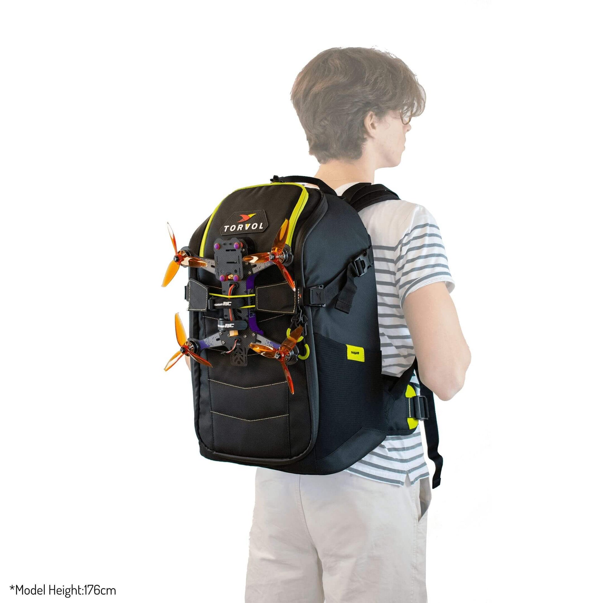 Torvol Quad Strap – Attached to Torvol Quad PITSTOP Backpack with Model Drone, Angled Right Staged View